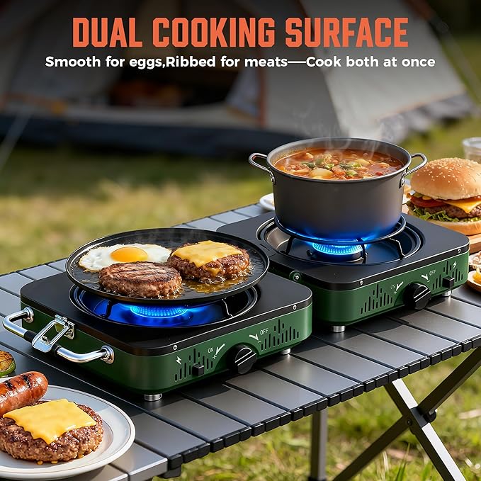 BIG HORN OUTDOORS 2 Burner Propane Camping Stove, Portable Camp Stove, Folding Gas Stove, Includes Frying Pan & Carry Bag for Camping, Emergency Use and Outdoor Cooking