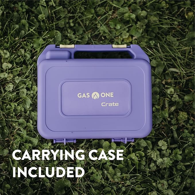 Gas One Butane Fuel Camp Stove – Crate Series - Mini Stove for Camping, Hiking – Portable Gas Stove with Spiral Flame – Even Heat Distribution – Modern and Easy to Use (Violet)