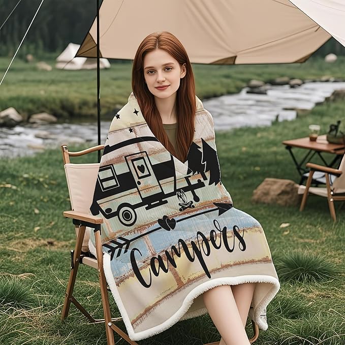 Camper Throw Blankets, Soft Warm Flannel Throws Cover for Couch, Chair, Sofa, Bed, Outdoor, Inside, Beach, Travel Decor