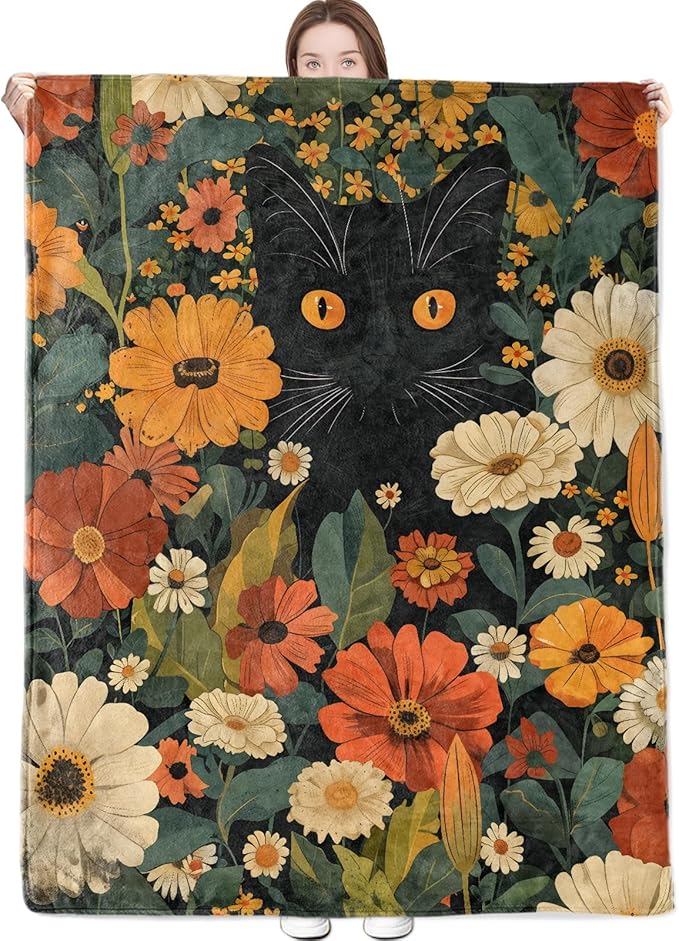 Black Cat Blanket Cute Orange Eyes Kitten Surrounded by Autumn Flowers Throw Blankets Lightweight Flannel Throws for Camping Couch Chair Office Home Decor Gifts for Pet Lover,50x40inch