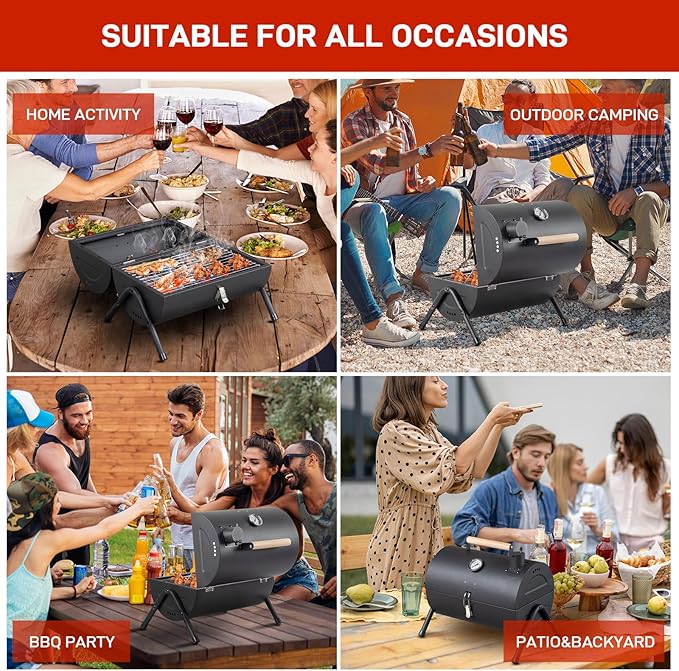 Outvita Portable Charcoal Grill, Tabletop Multi-functional Barbecue Smoker, Small BBQ Grill for Outdoor Cooking Camping Hiking Picnic Garden Beach Party