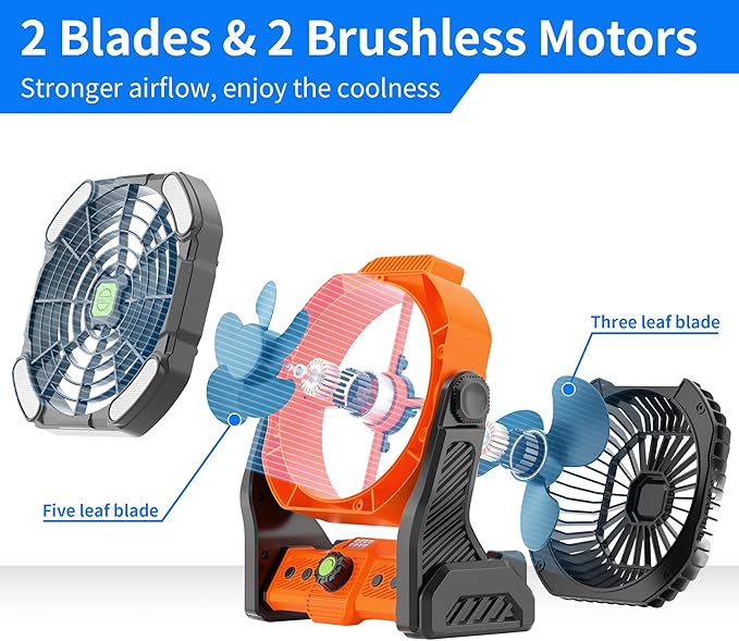 Camping Fan with LED Lantern, Portable Battery Powered Fan Rechargeable for Outdoor Camping Fans, 270°Head Rotation, Quiet USB Table Fan Battery Operated for Tent Beach Picnic Orange X26