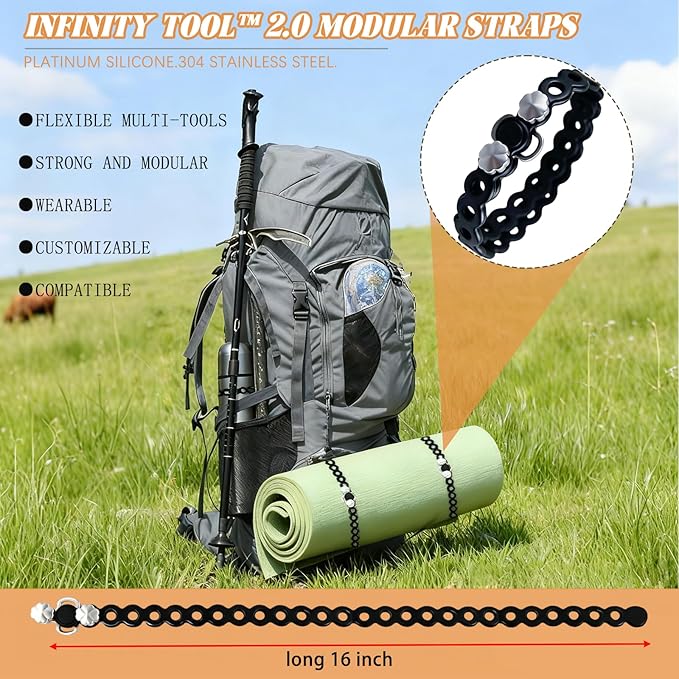 Modular Straps (4-Pack), Heavy Duty Silicone Gear Tie, EDC Multi-Tool Strap for Camping, Travel & Outdoor Survival（Black）