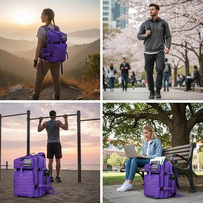 45L Military Tactical Backpack for Men & Women Bug Out Bag Assault pack Molle Daypack Hiking Trekking Rucksack (2.0 side pockets (purple))