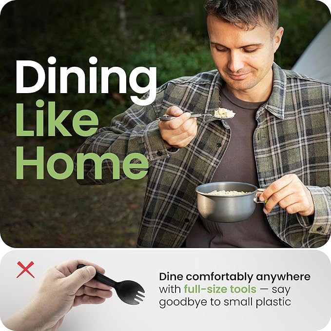 Orblue 4-in-1 Camping Utensils, 2-Pack - Portable Stainless Steel Spoon, Fork, Knife & Bottle Opener Combo Set - Travel, Backpacking Cutlery Multitool, Gray