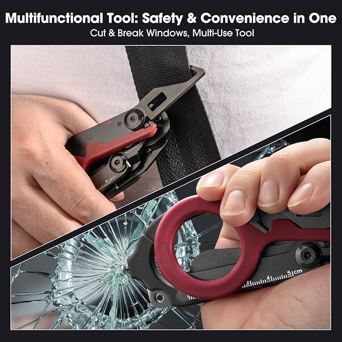 6-in-1 Heavy-Duty Emergency,trauma shears, Folding Retractable Emergency Shears, Outdoor Camping Tools, Seat Belt Cutter, Complimentary Adjustable Wrench (Electroplated black and red)