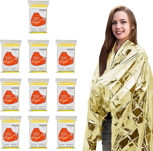 10 Pack Emergency Mylar Thermal Blankets - Gold&Silver 84"x52" Durable Space Blankets for First Aid, Survival, Camping, Hiking, Car Emergency Kit, Outdoor Camping Gear