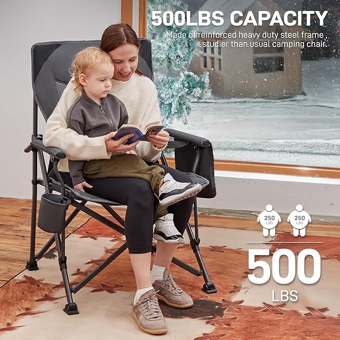 EVER ADVANCED Oversized Folding Camping Chair for Adults with Adjustable Lumbar Support, Heavy Duty Chair with Side Pockets, Portable Collapsible Quad Chair for Outside