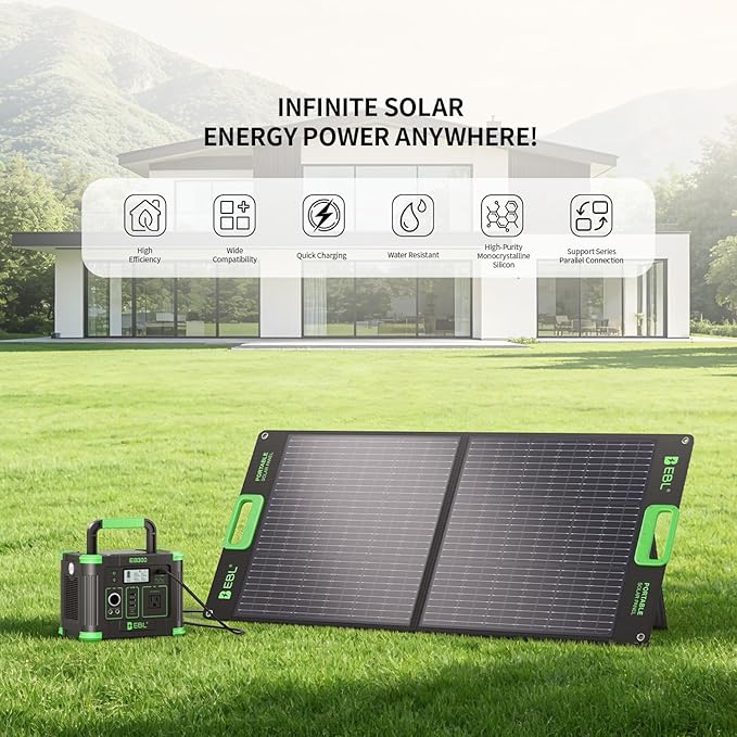 EBL 100 Watt Solar Panel, Foldable Solar Charger for Power Station, Portable Solar Panels w/Kickstands, High Efficiency IP65 Waterproof for Camping, RV, Off-Grid Outdoor