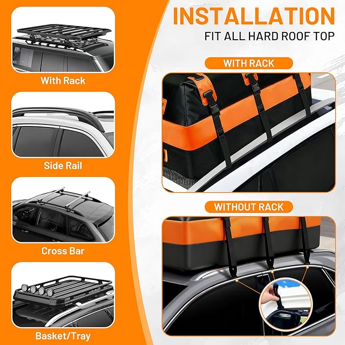 Car Rooftop Cargo Carrier 21 Cubic feet 100% Waterproof Heavy Duty PVC for All Cars with/Without Rack, Includes Anti-Slip Mat, 10 Reinforced Straps, 6 Door Hooks, Luggage Lock