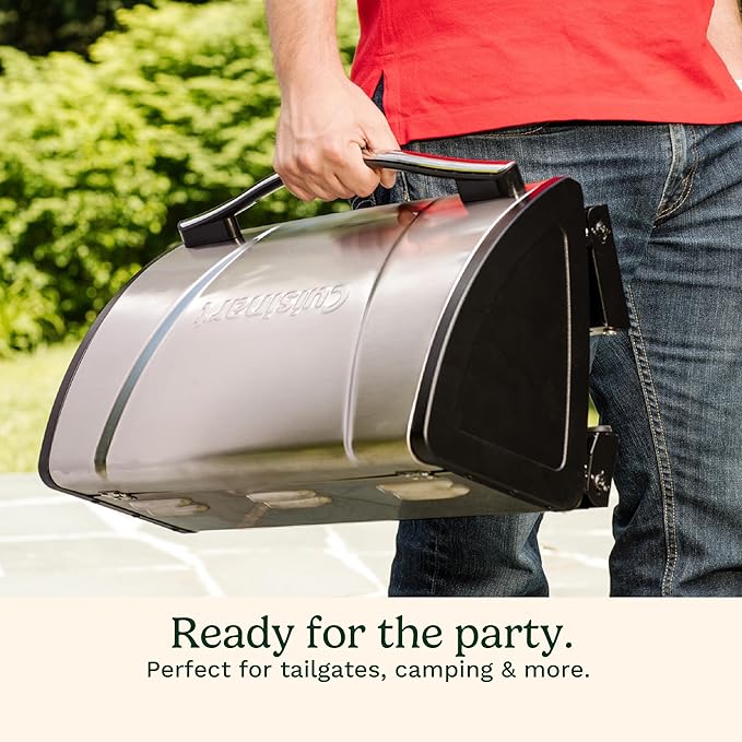 Cuisinart Grillster Portable Gas Grill, Stainless Steel Compact BBQ Grill with Locking Lid for Easy Transport, 8000 BTU Propane Grill with Dishwasher Safe Cooking Grate, Small Grill for Camping & BBQs