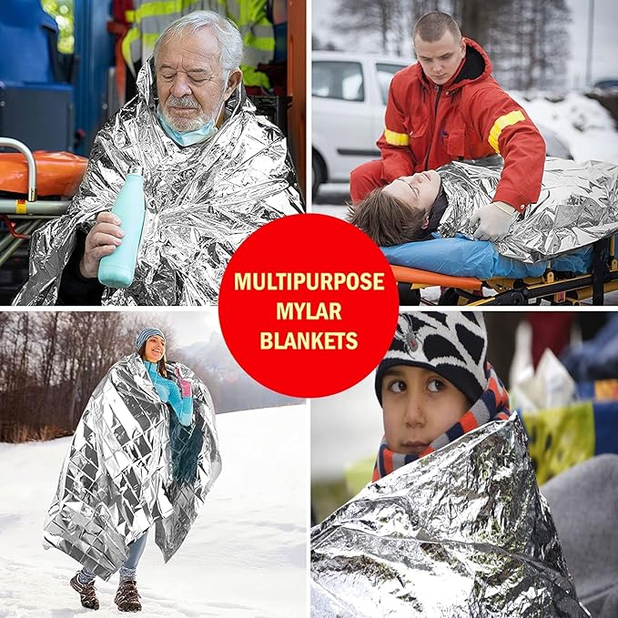 100 Mylar Emergency Survival Blankets Bulk | Emergency Blanket Bulk Mylar Survival Thermal Blankets 100 Pack Silver Foil Reflective Blankets for Cold Outdoors Camping Hiking First Responders, Runners
