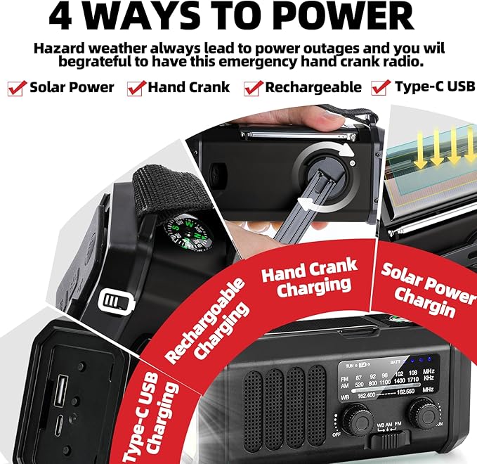 QAUYYW Hand Crank Emergency Radio,37000mWh Solar Powered Portable NOAA AM FM Weather Radio with 3Mode Flashlight and Reading Light,Cell Phone Charger,Home and Emergency Distress Signal (Black)