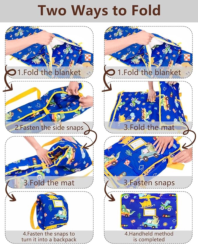 Primlect Toddler Nap Mat with Removable Pillow and Flannel Blanket, Portable Sleep Bag for Kids, Easy to Roll up, Washable, Perfect for Daycare, Preschool, Boys and Girls, 3-6 Years