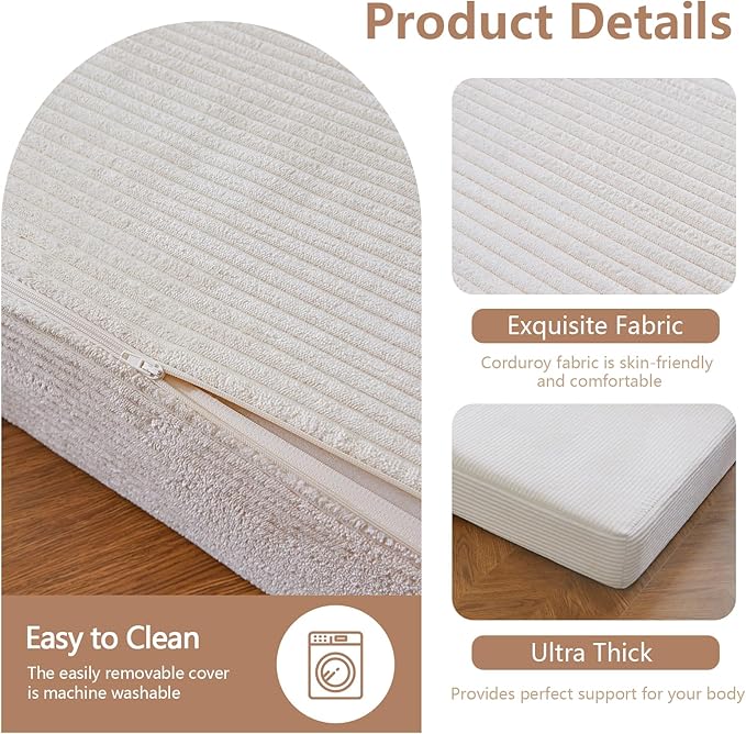 BYBYME Corduroy Tri-Folding Mattress, 6 Inch Gel Folding Mattress Topper, Foldable Soft Guest Bed Camping Pad, Washable Cover (Beige, Queen)