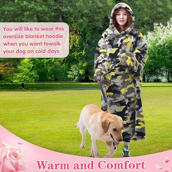 Waitu Wearable Blanket Sweatshirt Gifts for Women and Men, Warm and Cozy Giant Blanket Hoodie, Thick Flannel Blanket with Sleeves and Giant Pocket - Yellow Camo