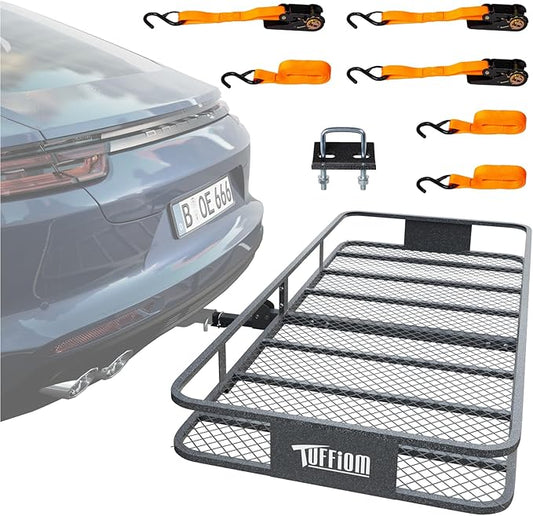 TUFFIOM 70"x30"x6" Folding Hitch Mount Cargo Carrier Basket, 500lbs Steel Car Cargo Trailer Hitch Luggage Rack, w/Straps+Stabilizer for SUV Truck Van