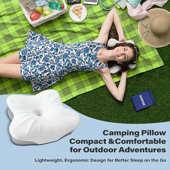SAHEYER Memory Foam Camping Pillow, Travel Pillows for Sleeping, Cervical Neck Support Camping Gear Accessories - Small Pillow Travel Essentials for Sleep, Backpack, Hammock, 11.81x9.84x3.94 in, Gray