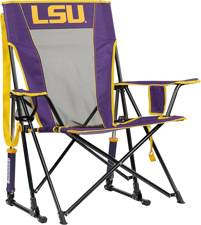 GCI Outdoor Comfort Pro Rocker Camping Chair | Portable Folding Rocking Chair with Durable Armrests & Drink Holder | Official Collegiate Licensed Sideline Sports Chair | LSU Tigers
