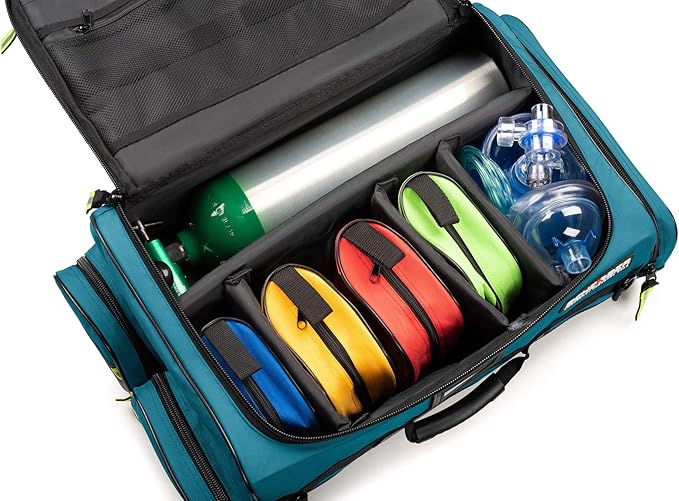 Scherber First Responder O2 Bag | Ultimate Professional EMT/EMS Trauma Oxygen Kit | Durable Reflective 600D Water Repellant Bag w/10+ Compartments, Zippered Pockets, Dividers & Padded Strap XL - Blue