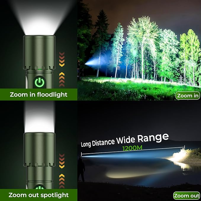 ADDplus Magnetic Flashlight Rechargeable,2000LM 5000mAh Flashlights High Lumens with 18 Modes,Waterproof, Adjustable,Powerful Flash Light,Multi-Flashlights for Home,Car,Hiking,Camping(1, Green)