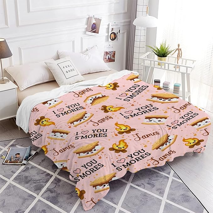 Custom S'Mores Blanket with Name | Personalized Marshmallow Blanket for Girls Boys | Ultra Soft Customized Cookie Throw for Couch/Sofa/Travel/Camping Home Decor - 50"x60"-Teens/Travel Size