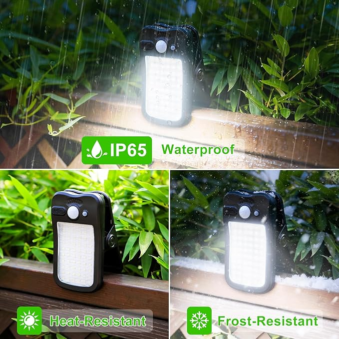 Tryme Clip on Solar Lights Outdoor Motion Sensor Lights 60 LEDs, 3 Modes, Dual Charging, Portable Waterproof Security Light for Fence, Deck, Camping, Grill (2 Pack)
