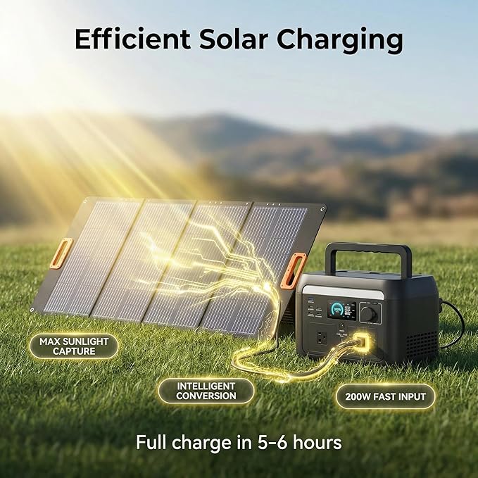 1000W Solar Generator Kit, 614.4Wh Power Station with 200W Foldable Solar Panel, Bidirectional Inverter, 1.5H Fast Charge, LiFePO4, WiFi/APP, <10ms EPS for Camping, RV