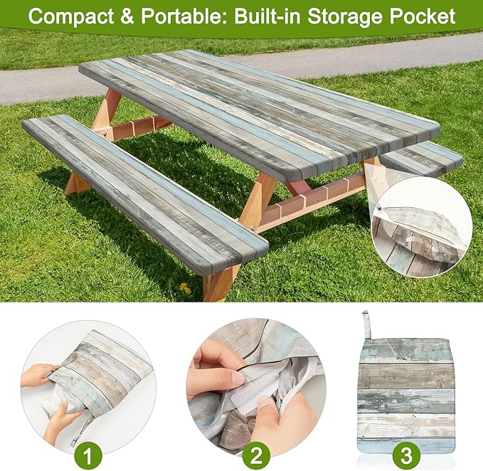 Picnic Table Cover with Bench Covers Portable Table Cloth Built-in Storage Pocket Fitted Tablecloth with Elastic Edges Waterproof Camping Essentials for Indoor Outdoor Rv,72in,Brownish Gray