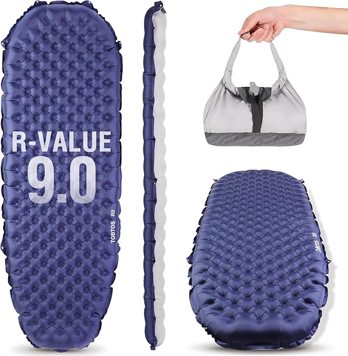 TOBTOS Camping Sleeping Pad with 9.0 R-Value, 4" Thick Inflatable Camping Mattress for All Season, Compact Insulated Sleeping Mat for Backpacking & Hiking (Mummy)