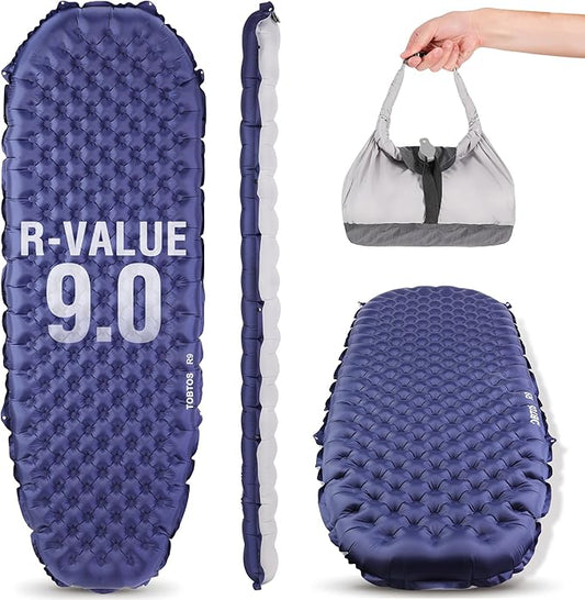 TOBTOS Camping Sleeping Pad with 9.0 R-Value, 4" Thick Inflatable Camping Mattress for All Season, Compact Insulated Sleeping Mat for Backpacking & Hiking (Mummy)