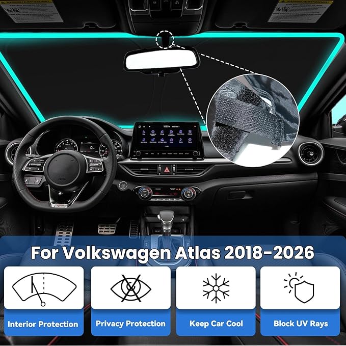 Windshield Sun Shade for Volkswagen Atlas 2018-2024 2025 2026 VW Atlas Cross Sport, Car Front Window Sunshade with 240T Sun Visor Protector Blocks UV Rays Heat Sun Shield Accessories