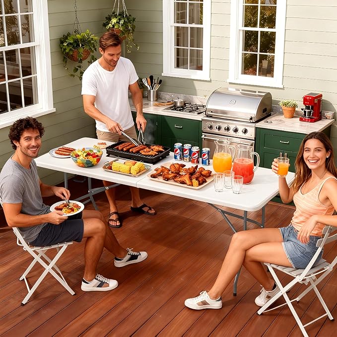 FDW 6 Foot Folding Table, Portable Plastic Table with Carrying Handle Perfect for Indoor, Outdoor, Party, Dining, Wedding, Events, Camping, White