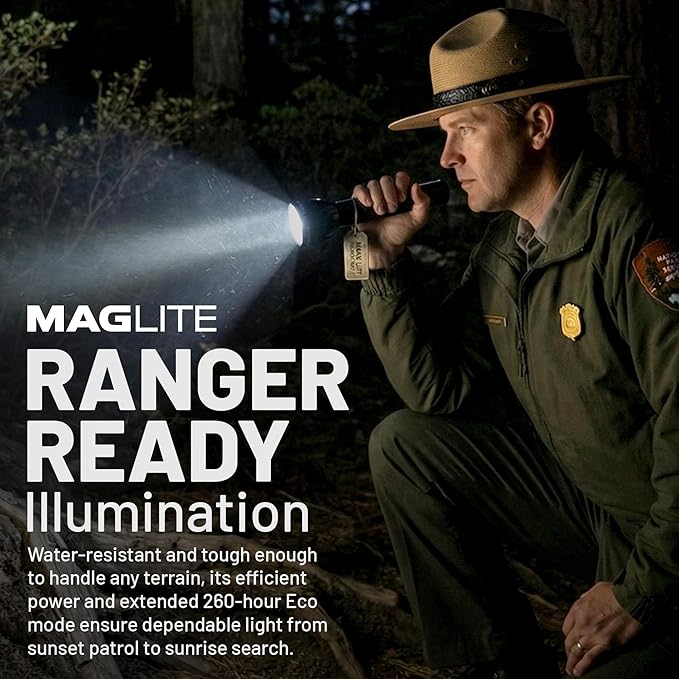 MagLite High Lumens LED Flashlight – ML300L 4-Cell D Flashlight with Adjustable Focus for Precise Beam, Long Battery Life, Water-Resistant for Emergency, Outdoor, and Camping – Black