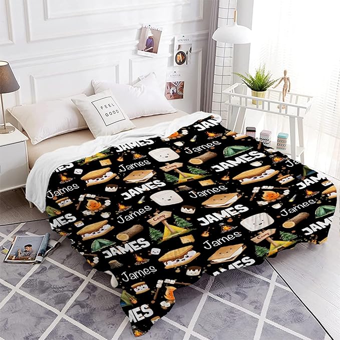 Custom Marshmallow Blanket with Name | Personalized Camping Blanket for Girls Boys | Ultra Soft Customized S'Mores Throw for Couch/Sofa/Travel/Camping Home Decor - 60"x80"-Adults/Twin Size