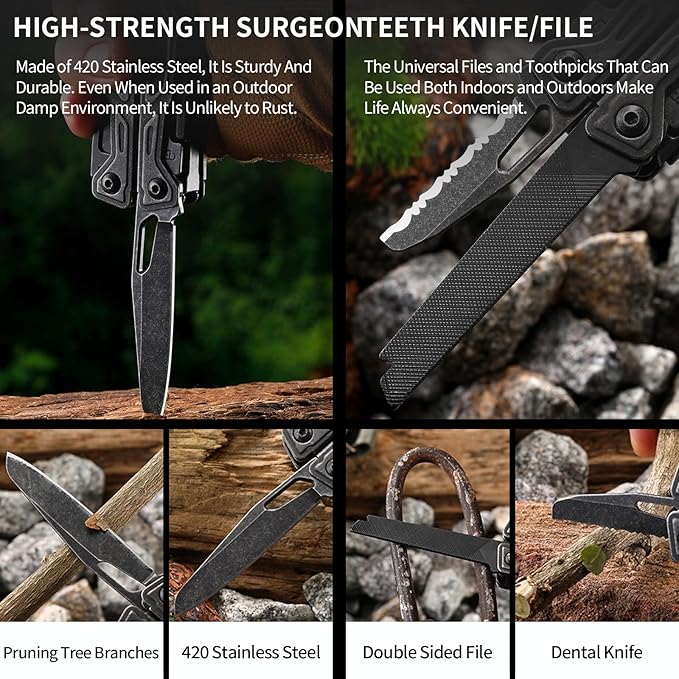 27-in-1Multitool Pliers with Scissors, Rope Cutters,Saw, Screwdrivers,Can Opener,File,Carrying Pouch,Stainless Steel Pocket Multi-Tool Ideal for Camping Survival and Gift,Black