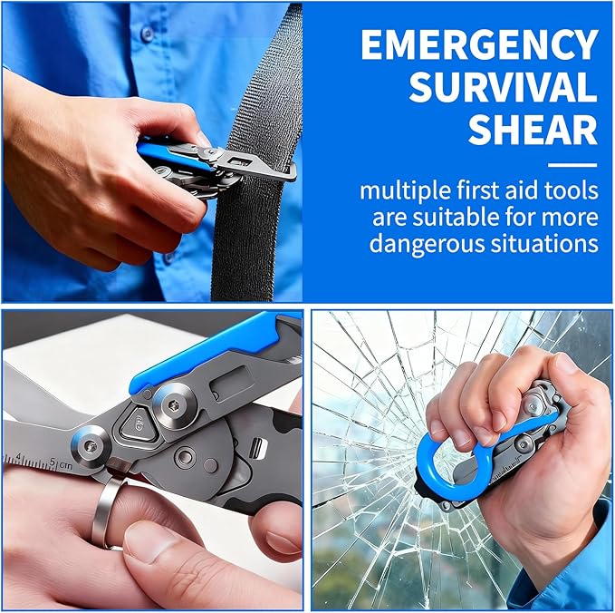 Folding Trauma Shears for EMT Accessories, 6 in 1 Multi-function Medical Shears with Holster for Outdoor Camping, Emergency Rescue, First Responders (Black-Blue)
