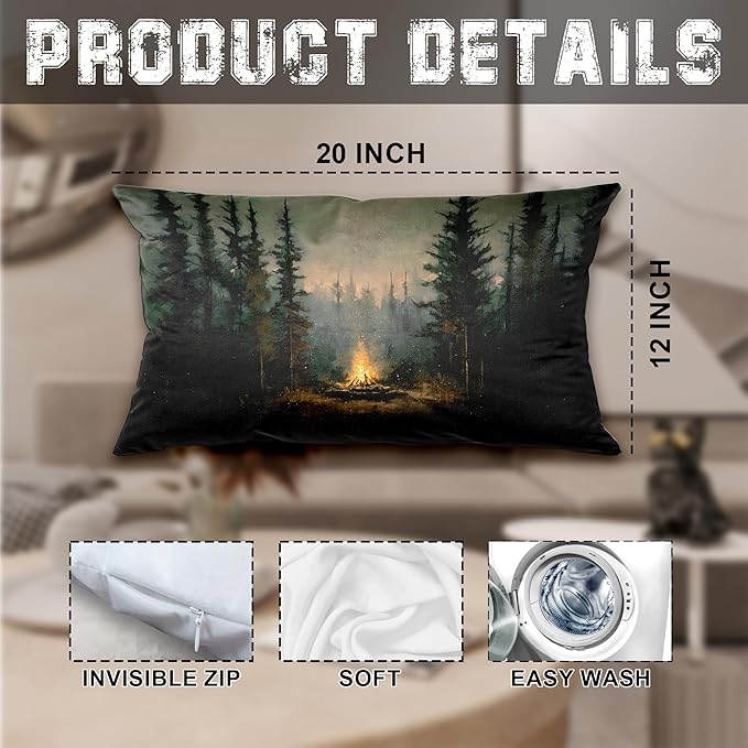 Vintage Forest Campfire Pillow Covers 20x12, Moody Pine Tree Camping Decor, Rustic Woodland Campsite Decorative Throw Pillow Covers for Home Bedroom Living Room,Camper Lover Gifts