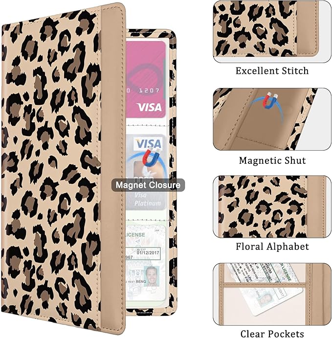 Car Registration and Insurance Holder, with Magnetic Closure for License, Cards and Documents, All Vehicle Needs and Car Accessories (Leopard-Yellow)