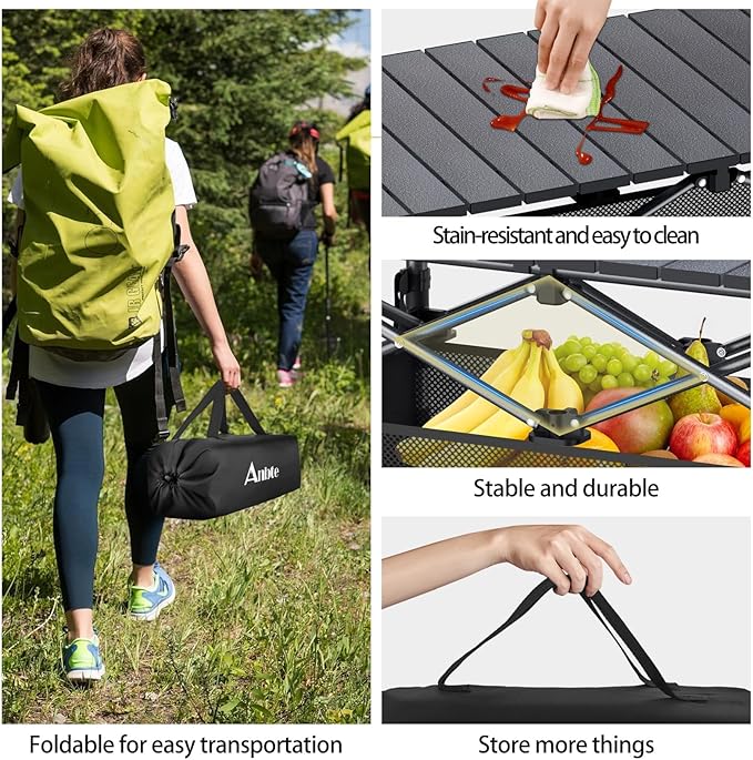 Anbte 3ft Aluminum Roll Top Camping Table, 2 Adjustable Height Camping Table Folding with Storage Net & Bag Lightweight Roll Up Table for Indoor Outdoor Backyard BBQ Patio Picnic, 32.2” X 16”, Black