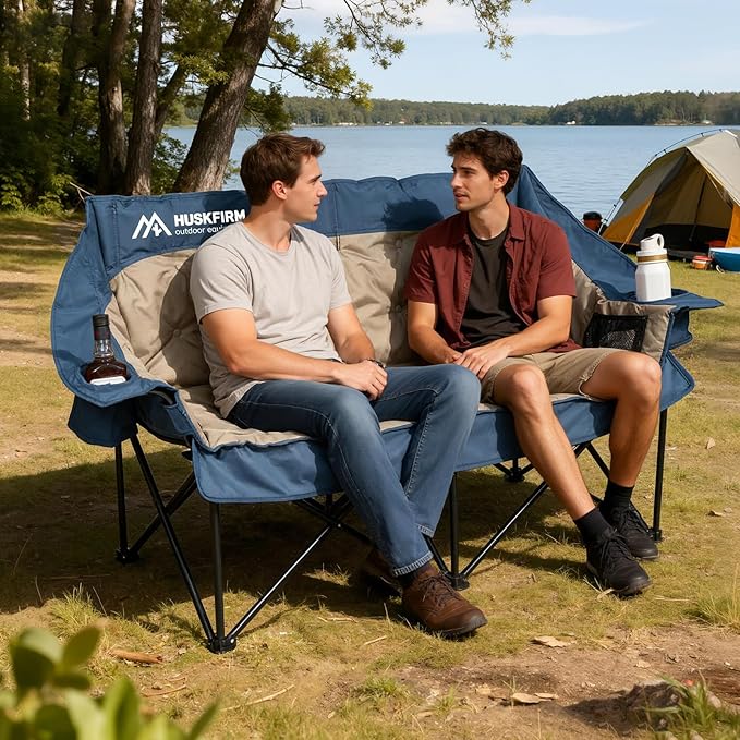 Huskfirm Double Camping Chair Oversized Padded Camping Chairs for Adults Folding Loveseat with Cup Holders and Side Pockets Heavy Duty Outdoor Lawn Chairs for Camping,Sports, Fishing,Beach,Blue