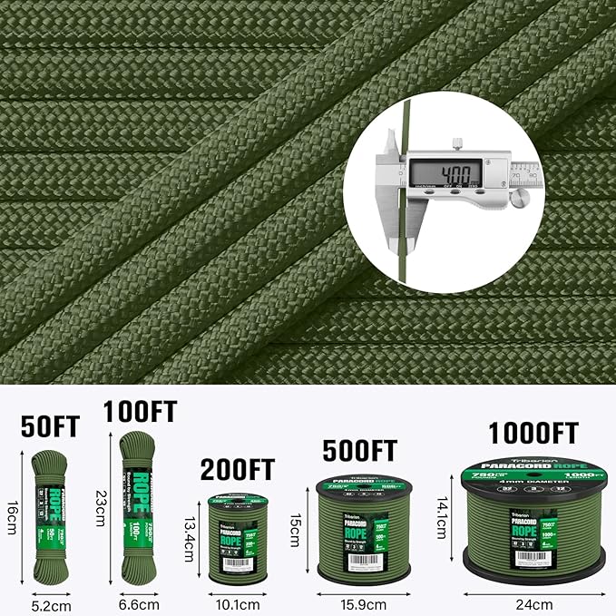 Paracord Rope 750 lb - 50ft 5/32" Parachute Cord 4MM 12-Strand para Cord - Heavy Duty Spool String for Survival,Camping Gear, Survival Bracelet, Clothesline - Army Green