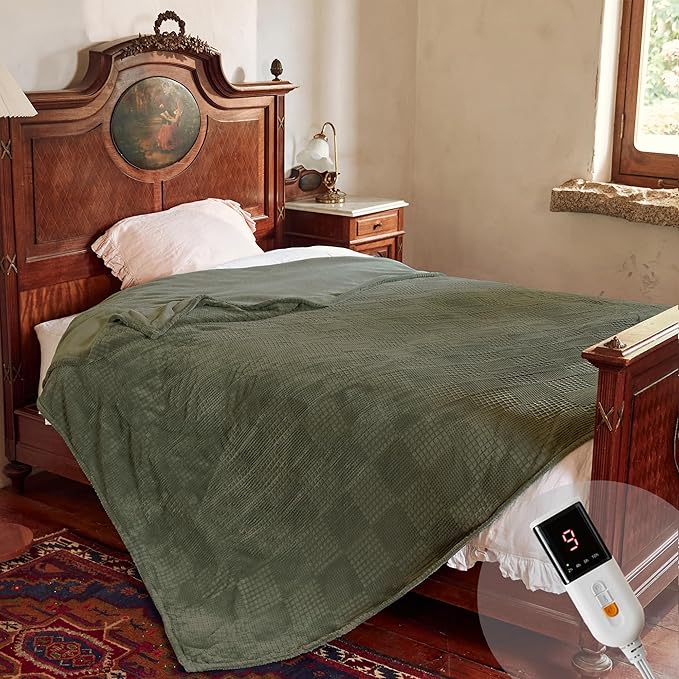 Texciting Electric Blanket Full Size 72''X84'' - Heated Blanket with Single Control Fast Heating 9 Heating Levels & 10 Hours Auto Off,ETL Certified Machine Washable (Gray Green)