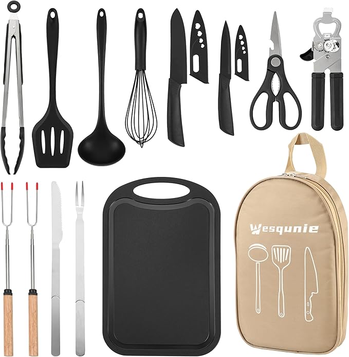 Wesqunie Camping Essentials Cookware Cooking Utensils Set - Portable Camp Kitchen Mess Kit Outdoor Accessories, Stainless Steel & Silicone, Camping Gear Equipment for RV Picnic Grill, Khaki
