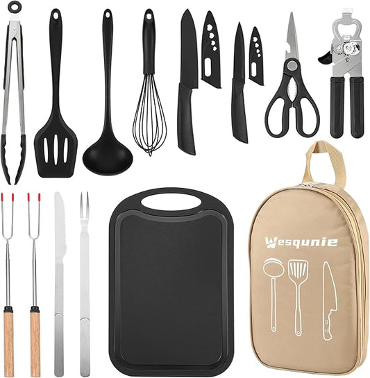 Wesqunie Camping Essentials Cookware Cooking Utensils Set - Portable Camp Kitchen Mess Kit Outdoor Accessories, Stainless Steel & Silicone, Camping Gear Equipment for RV Picnic Grill, Khaki