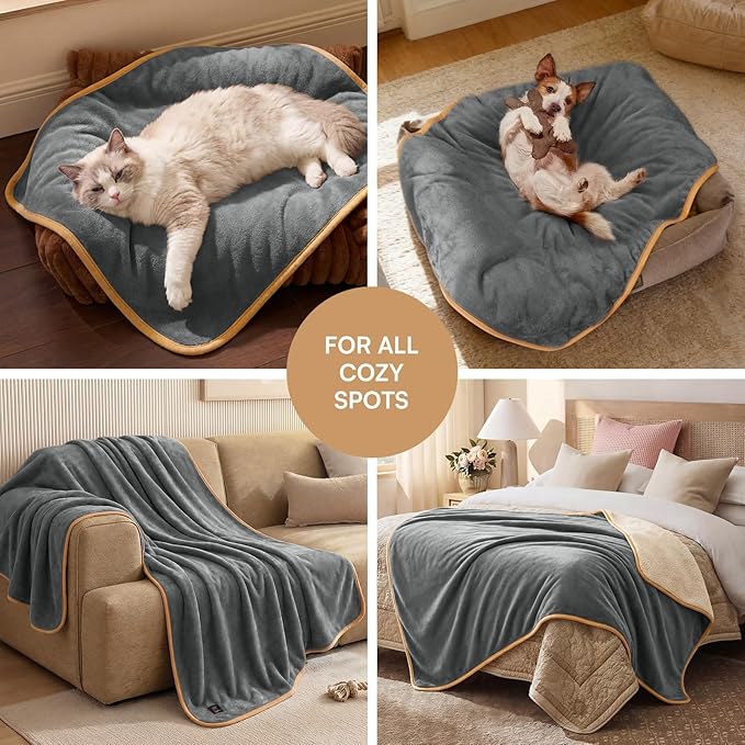Luciphia Waterproof Blanket for Dog Washable Reversible Sherpa Fleece Throw Blanket for Bed Couch Soft Liquid Pee Proof Furniture Cover Protector for Small Medium Large Pet Cat Grey 65" x 57"