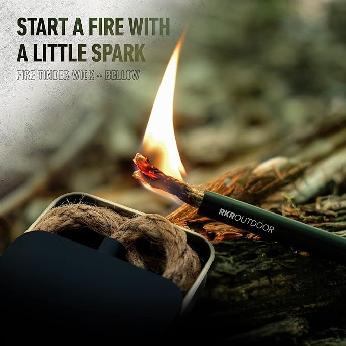 Ferro Rod Flint Fire Starter Kit + Tinder Wick Bellow with Sliding Box - 4" Length 1/2” Thick Ferro Rod with Multi-Tool Striker and Paracord Lanyard + Hemp Wick with Bellow + Sliding Box