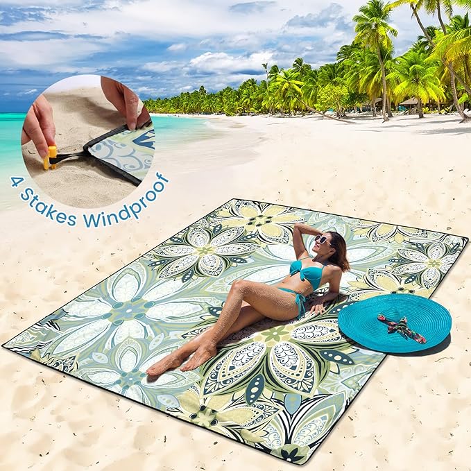 HIHOHO Beach Blanket Waterproof Sandproof Beach Mat for 1-8 Adults Quick Drying Durable Outdoor Picnic Mat for Beach Festival Travel Camping Hiking (Flourishing Blossom-Y&GN, 79"×83"(4 Person))