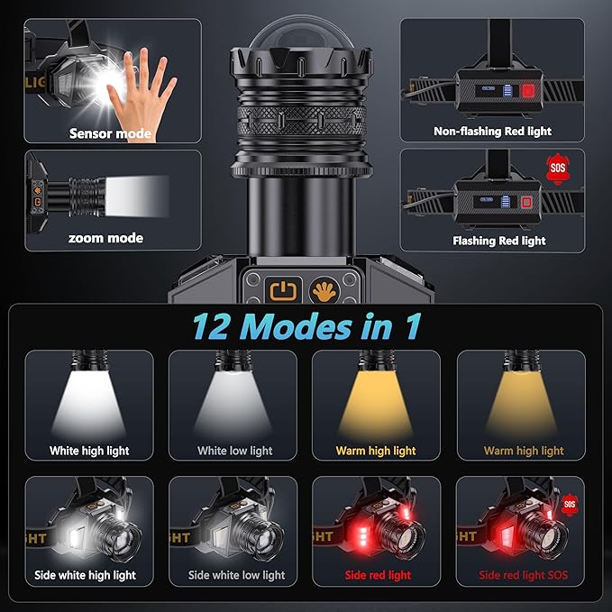 LED Headlamp Rechargeable，99000 Super Bright Head Lamp with 12 Modes & 90H Long Battery Life & IPX7 Waterproof,90° Adjustable Headlight for Outdoor Camping, Cycling, Hiking