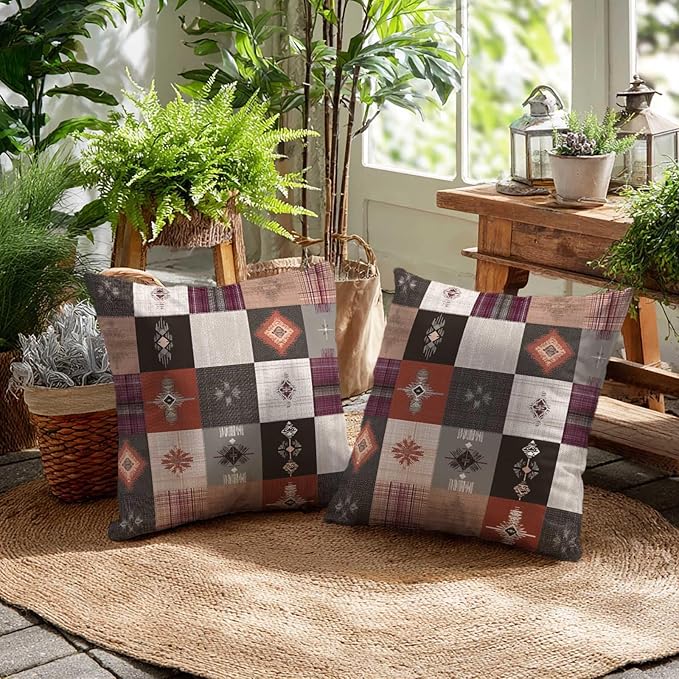 Southwestern Throw Pillow Covers 18x18 Set of 2 | Boho Tribal Patchwork Cushion Covers | Rustic Western Decorative Pillow Cases for Couch Sofa Living Room Bedroom | Bohemian Home Decor